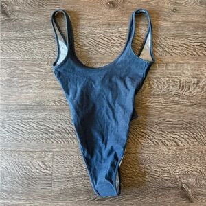 Denim Blue One Piece Thong Bathing Suit / Bodysuit